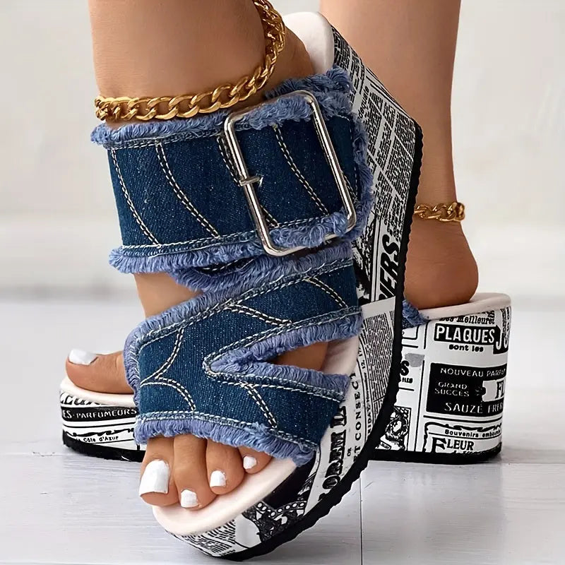 Women's Letter Print & Denim Canvas Sandals, Slip-on Buckle Wedge Heel Shoes, Fashion & Summer Women's Shoes Lady T Fashions