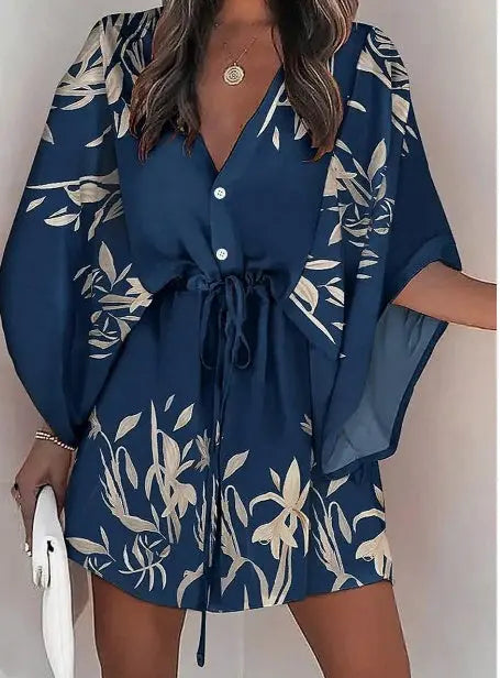 Women's Printed Batwing Sleeve Dress With Botanical Design Lady T Fashions