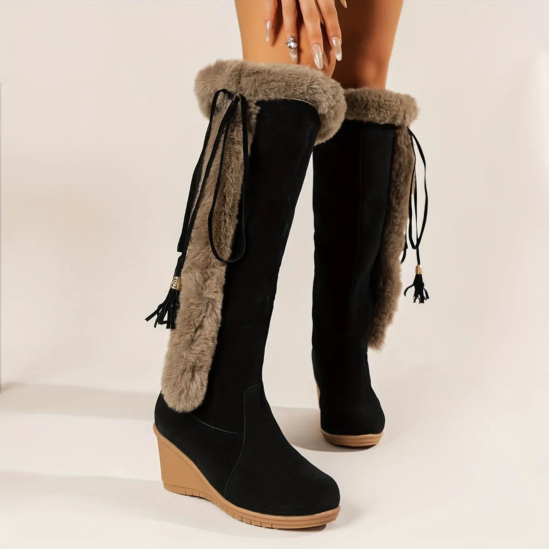 Women's Wedge Knee High Snow Boots, Plush Comfy Lace Up Round Toe Shoes, Winter Thermal Shoes Lady T Fashions