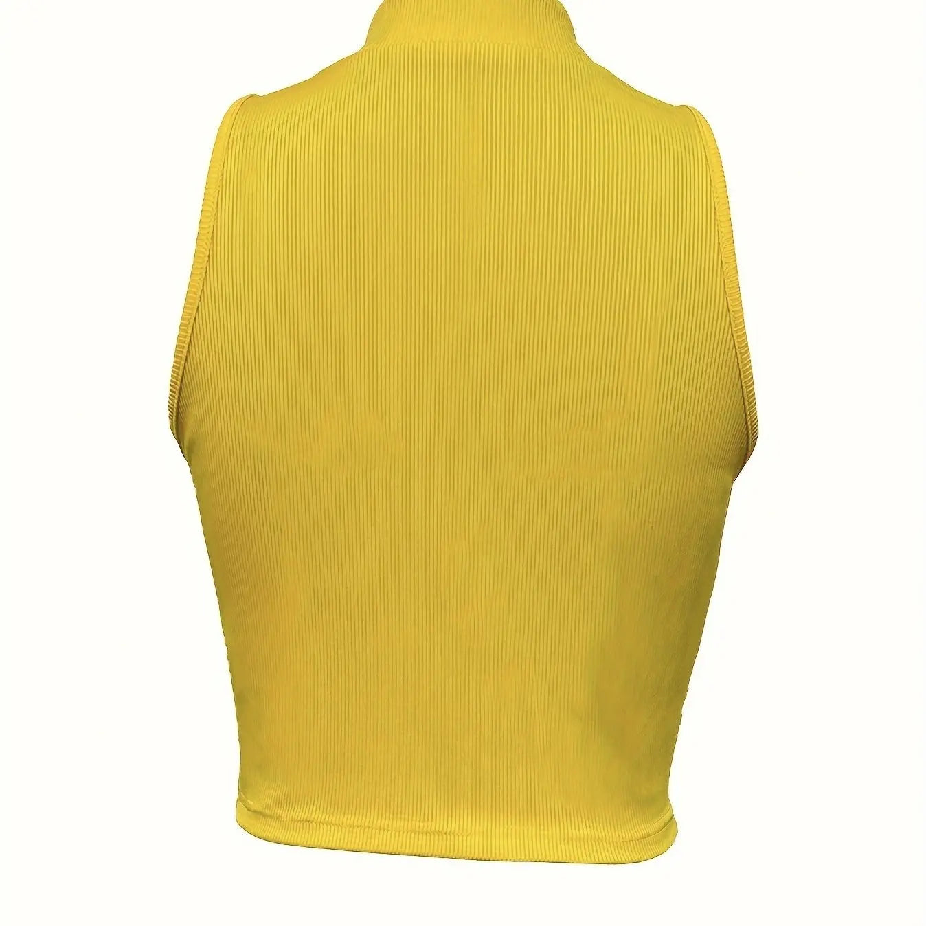 Women's Solid Color Ribbed Knit Short Zipper Design Off Shoulder Stand Up Collar Vest Top Lady T Fashions