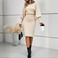 Women's Solid Color Round Neck Lantern Sleeve Bodycon Dress - Elastic Waist Knee-Length Knit Dress Lady T Fashions