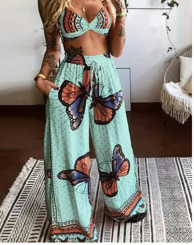 Printed Tube Top Loose Wide Leg Pants Two-piece Set Lady T Fashions