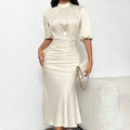 Women's Short Sleeve Mock Neck Ruched Midi Dress Slim Fit Elegant Party Dress Lady T Fashions