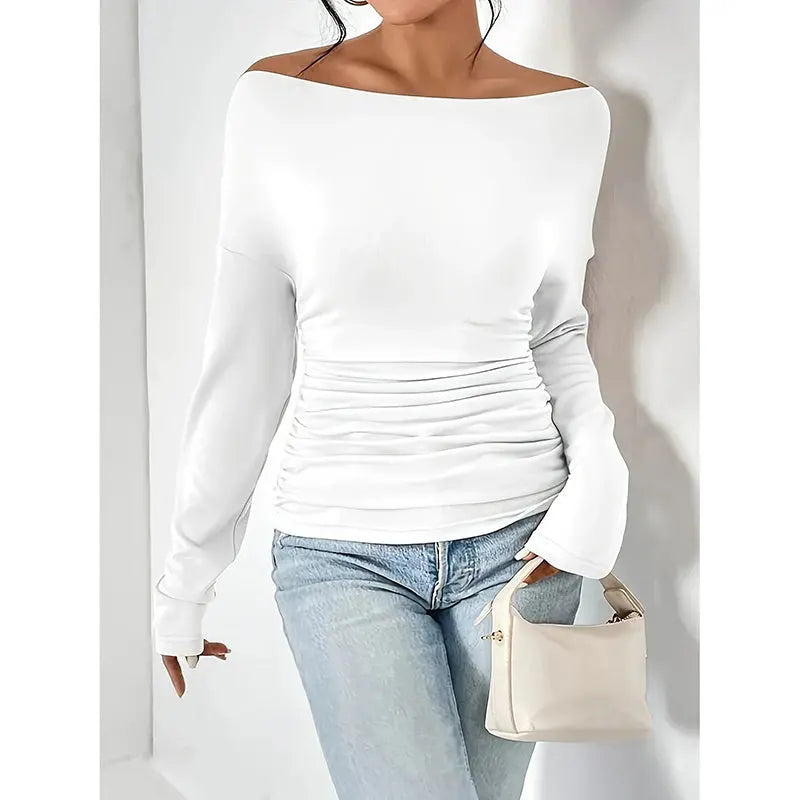 Women's Off The Shoulder Tops Long Sleeve T Shirts Going Out Tops Casual Trendy Ruched Slim Fitted Tees Lady T Fashions