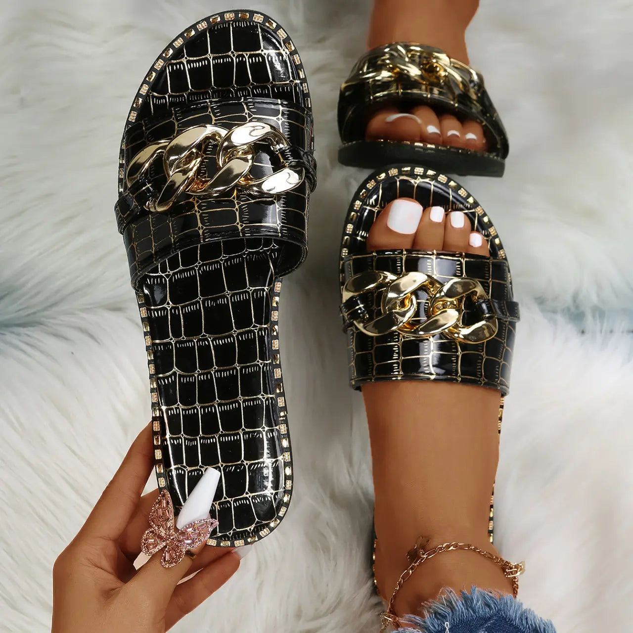 Women's Metal Chain Decor Flat Slippers, Fashion Open Toe Non Slip Slides Shoes, Casual Outdoor Slippers Lady T Fashions