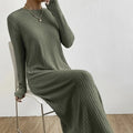 Women's Solid Color Ribbed Round Neck Long Sleeved Straight Tube Dress Lady T Fashions