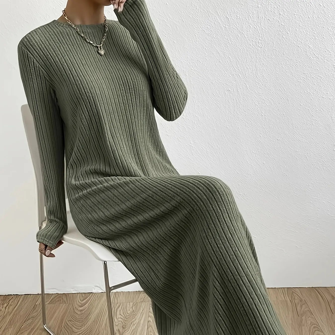 Women's Solid Color Ribbed Round Neck Long Sleeved Straight Tube Dress Lady T Fashions