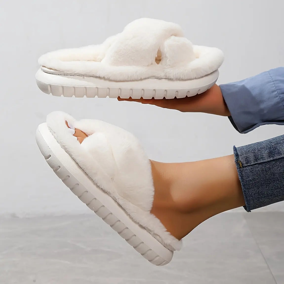 Women's Platform Fuzzy House Slippers, Open Toe Criss Cross Solid Color Casual Home Slides, Women's Indoor Flat Comfy Shoes Lady T Fashions