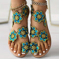 [Flowers Flat Women's Sandals] Women's Flowers Flat Sandals, Fashion Toe Loop Faux Pearl Slip On Shoes, Casual Beach Travel Sandals Lady T Fashions