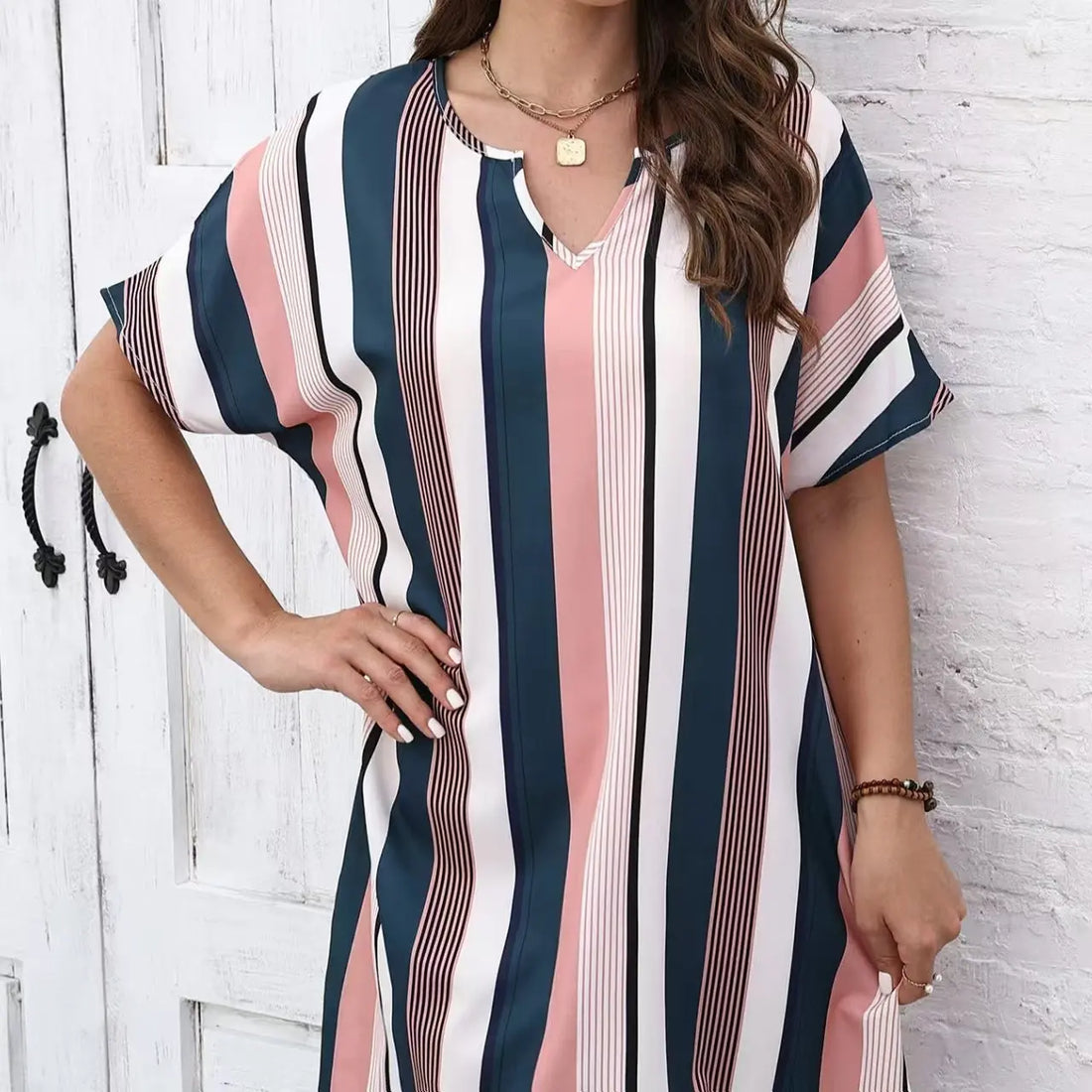 Ladies' Contrasting Striped Print Notch V-neck Short Casual Loose Dress Lady T Fashions