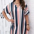 Ladies' Contrasting Striped Print Notch V-neck Short Casual Loose Dress Lady T Fashions
