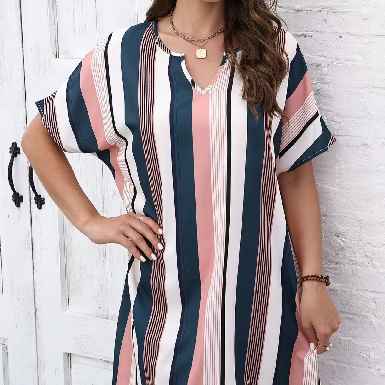 Ladies' Contrasting Striped Print Notch V-neck Short Casual Loose Dress Lady T Fashions