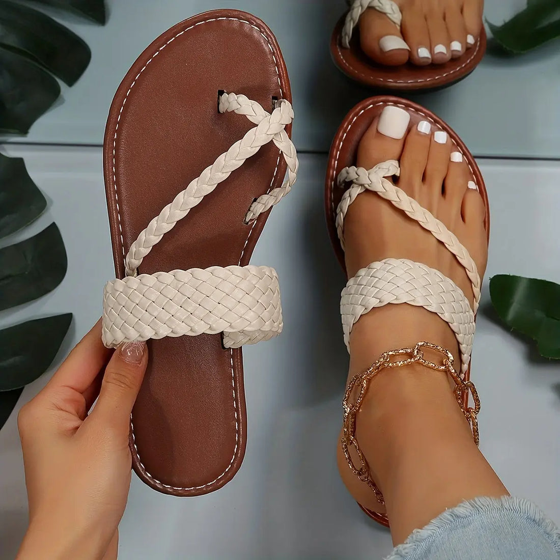 Women's Flat Slide Sandals, Toe Loop Braided Band Slip On Shoes, Casual Beach Slides Lady T Fashions