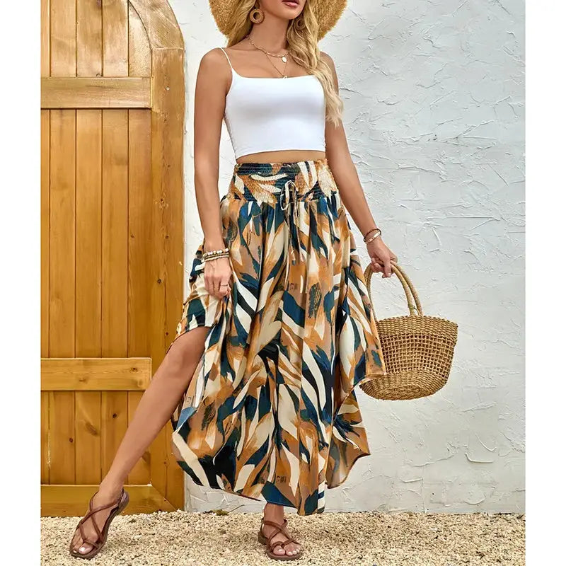 Women's High Elastic Waist Midi Skirt Casual Summer Trendy Tie Front Flowy Floral Print Beach Long Skirt Lady T Fashions