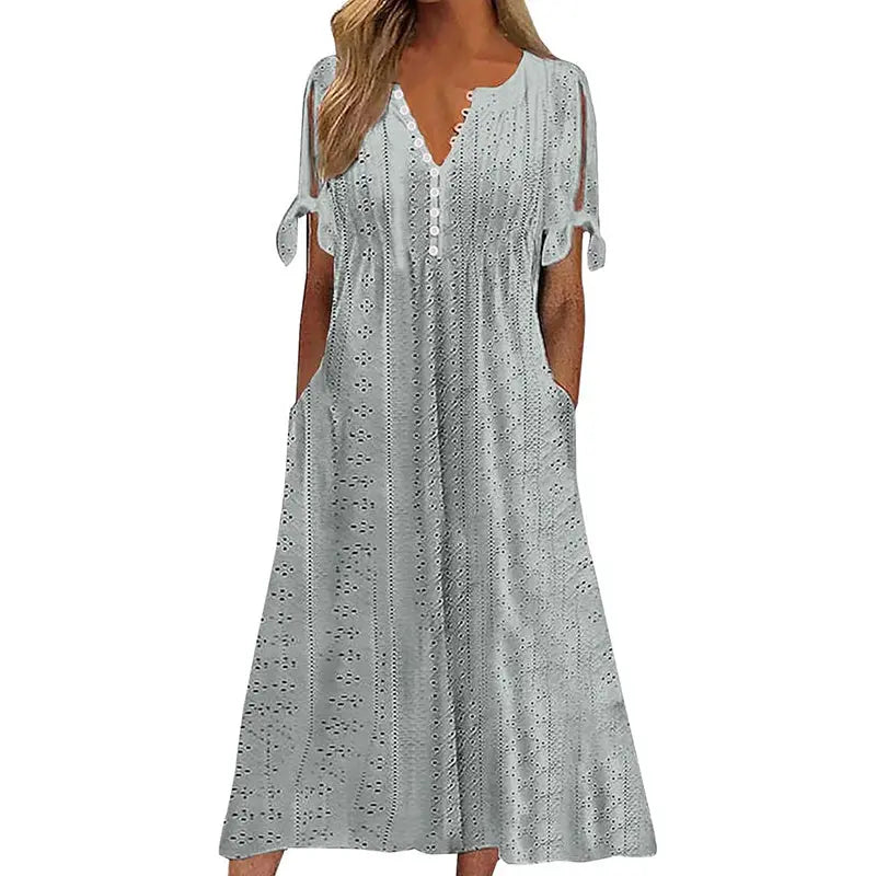 Women's Eyelet V-Neck Maxi Dress Short Sleeve Flowy A-Line Summer Beach Dress Lady T Fashions
