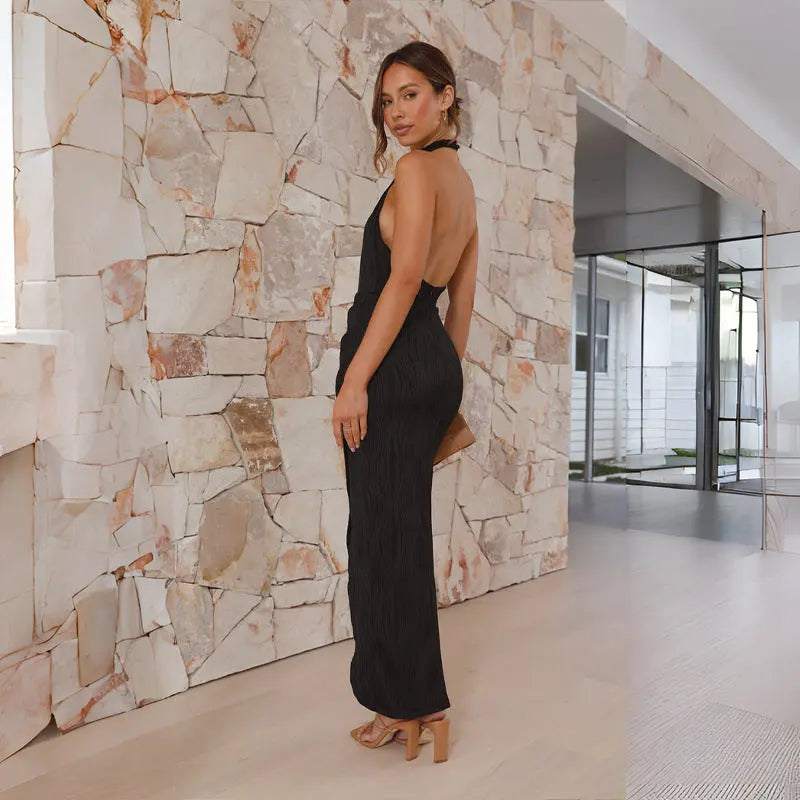 Ins Halter Split Long Dress Summer Slim Fit Backless Dresses Solid High-end Women's Clothing Lady T Fashions