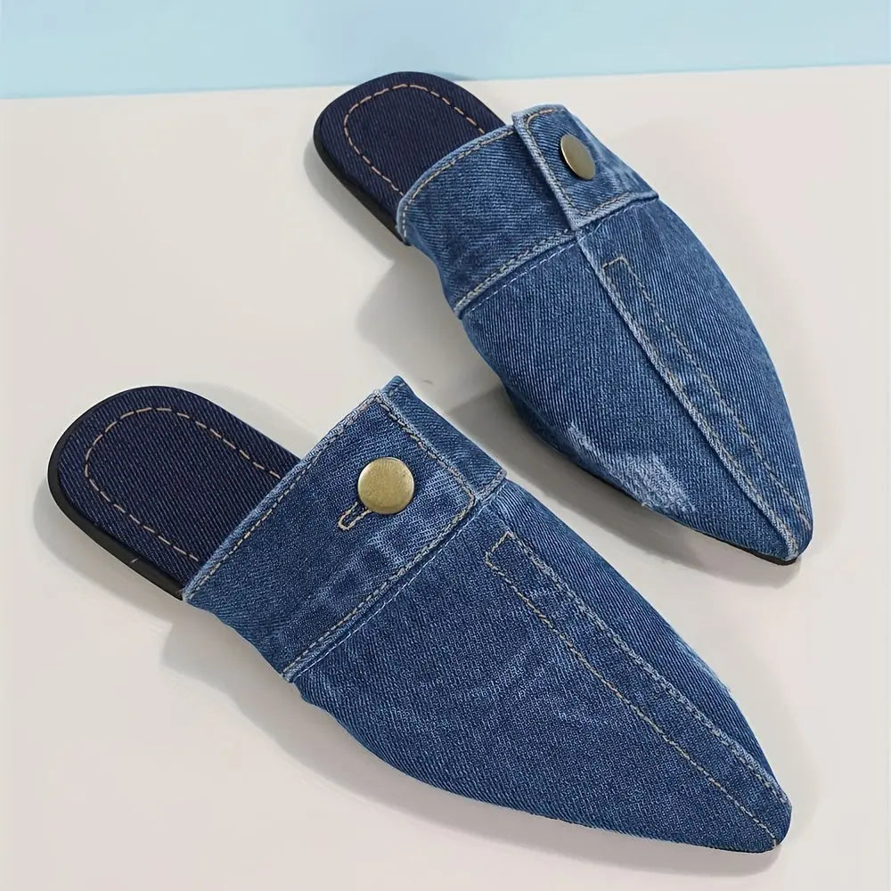 Women's Denim Flat Mules, Fashion Pointed Toe Slip On Non Slip Shoes, Casual Outdoor Slides Lady T Fashions