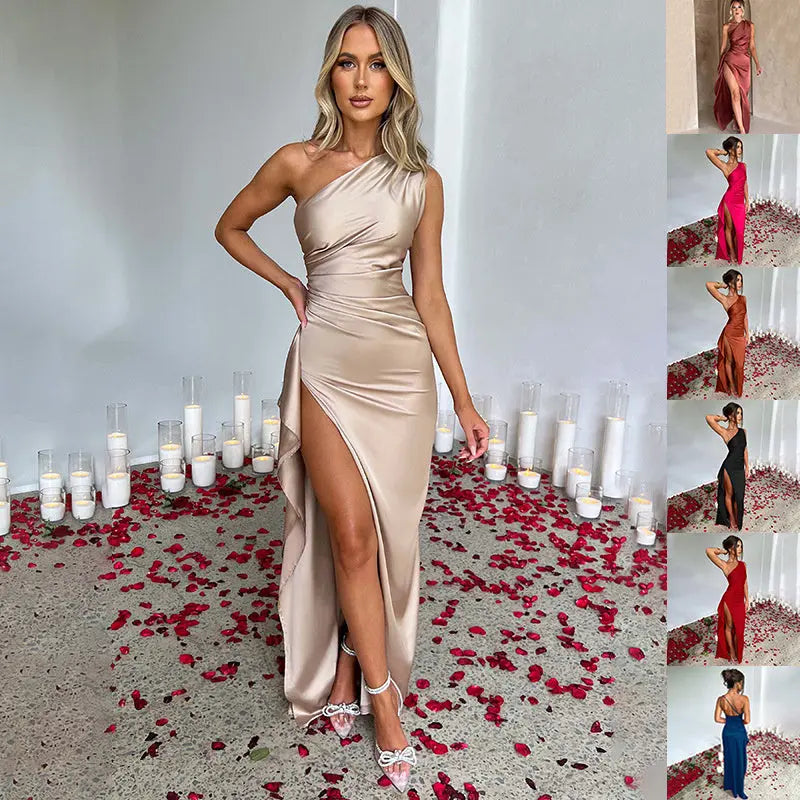 Sexy One-shoulder Backless Slit Dress Summer Elegant Slim-fit Solid Color Satin Dresses For Women Lady T Fashions