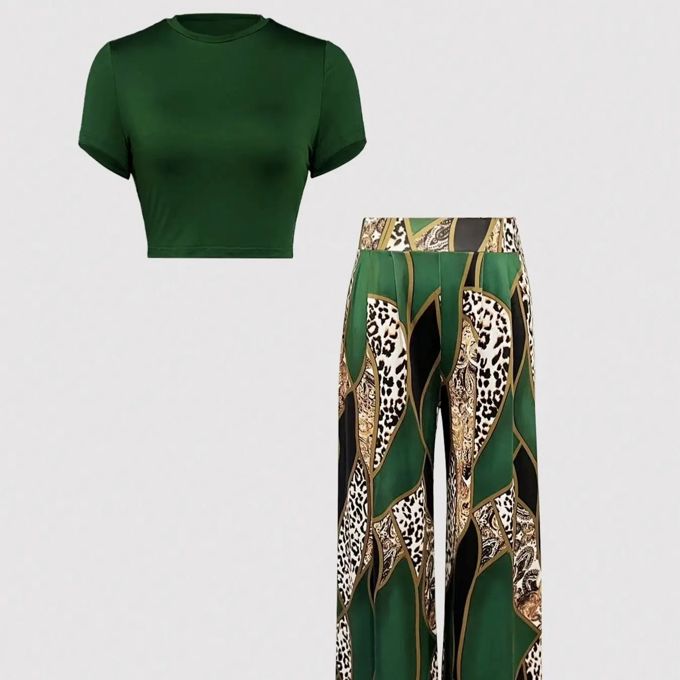 Ladies' Summer Round Neck Petal Sleeve Vest And Pants Two-piece Set Leopard Print Shirt Set Lady T Fashions