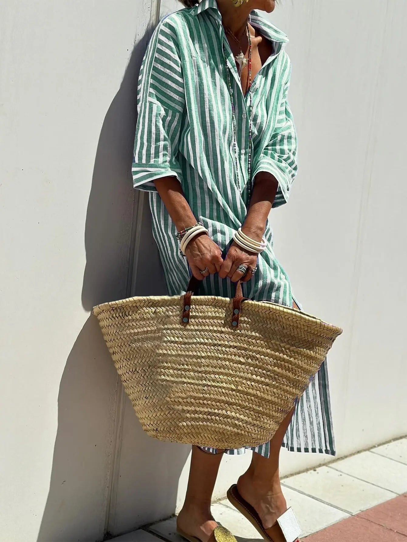 Striped Shirt Dress With Belt Fashion Half-sleeved Lapel Button Cardigan Dresses Women's Clothing Lady T Fashions