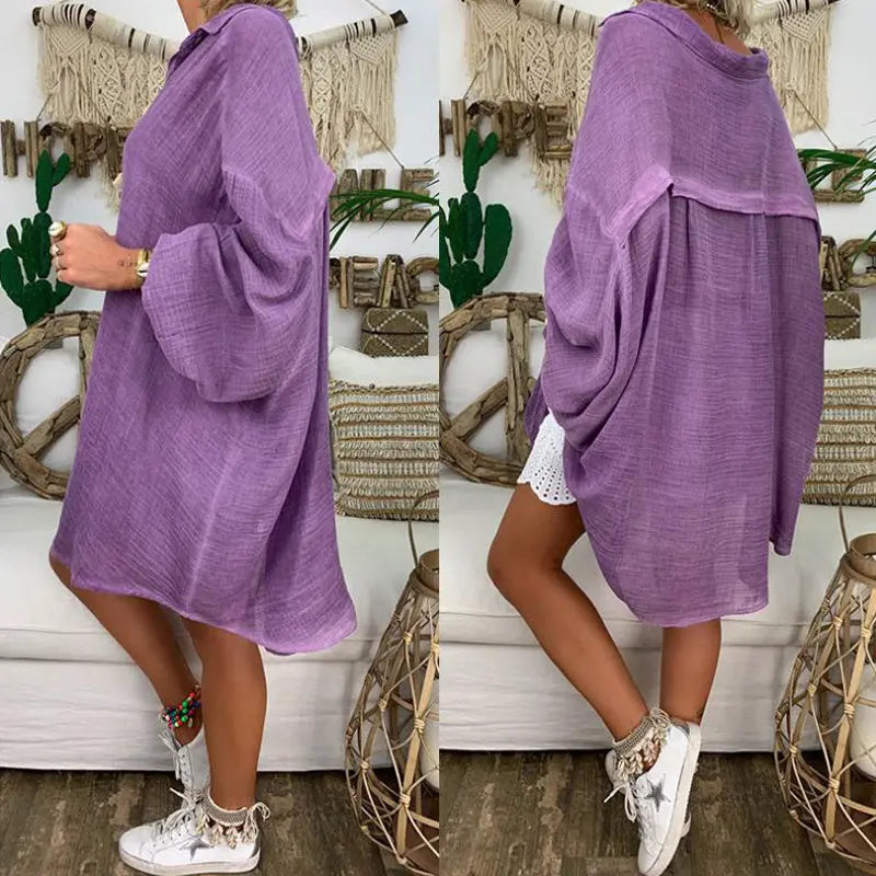 Plus Size Women's Solid Color Notch Lapel Long Sleeve Dress With Button Front Sheer Lightweight Midi Dress For Summer Lady T Fashions
