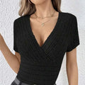 Women's V-neck Cross Wrapped Chest Design Ribbed Solid Color Versatile Sexy Style Knitted Sweater Lady T Fashions