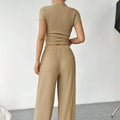 Women's Solid Color Short Sleeved T-shirt High Neck Top Loose Casual Pants Set Lady T Fashions
