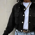 Women's Stand Collar Long Sleeve Jacket With Button & Zipper Closure - Two Large Pockets & Drawstring Hem Casual Short Jacket For Spring&Fall Lady T Fashions