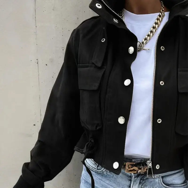 Women's Stand Collar Long Sleeve Jacket With Button & Zipper Closure - Two Large Pockets & Drawstring Hem Casual Short Jacket For Spring&Fall Lady T Fashions
