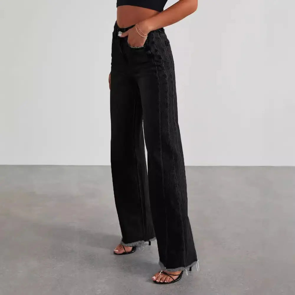 Fashion High Waist Jeans With Pockets Comfortable Slim Fit Straight Wide-leg Pants Womens Clothing Lady T Fashions