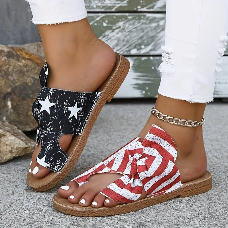 Women's Flag Pattern Slide Sandals, Bowknot Toe Loop Slip On Flat Shoes, Casual Sandals For The 4th Of July Summer Casual Shoes For Independence Day Lady T Fashions