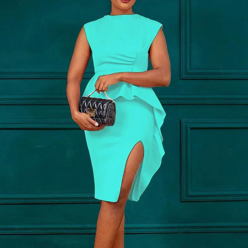 Women's Elegant Ruffle Sleeveless Bodycon Formal Party Cocktail Pencil Midi Dress Lady T Fashions
