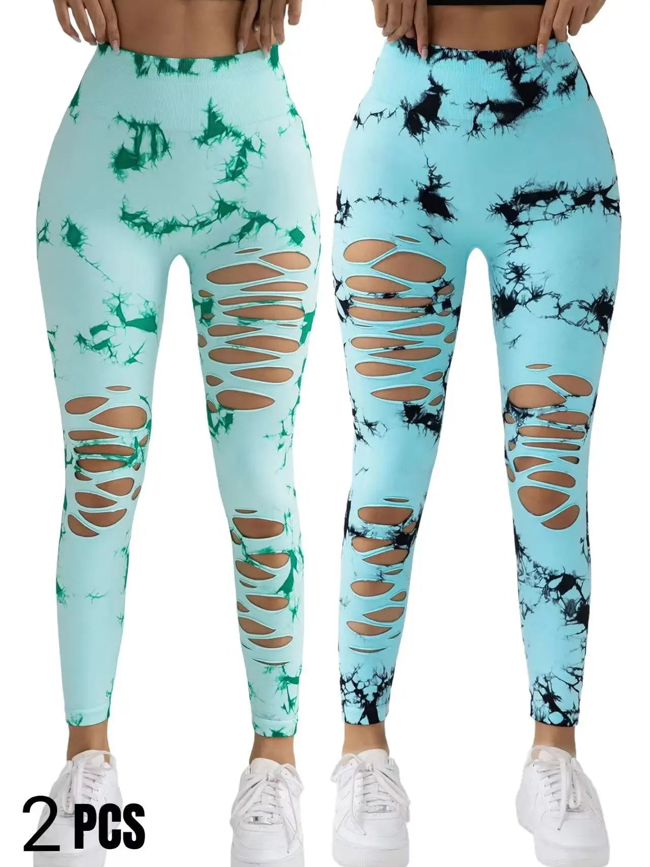 2 Pack New Style Hollow-Out Tie-Dye High-Waisted Tummy-Control Yoga Pants Lady T Fashions