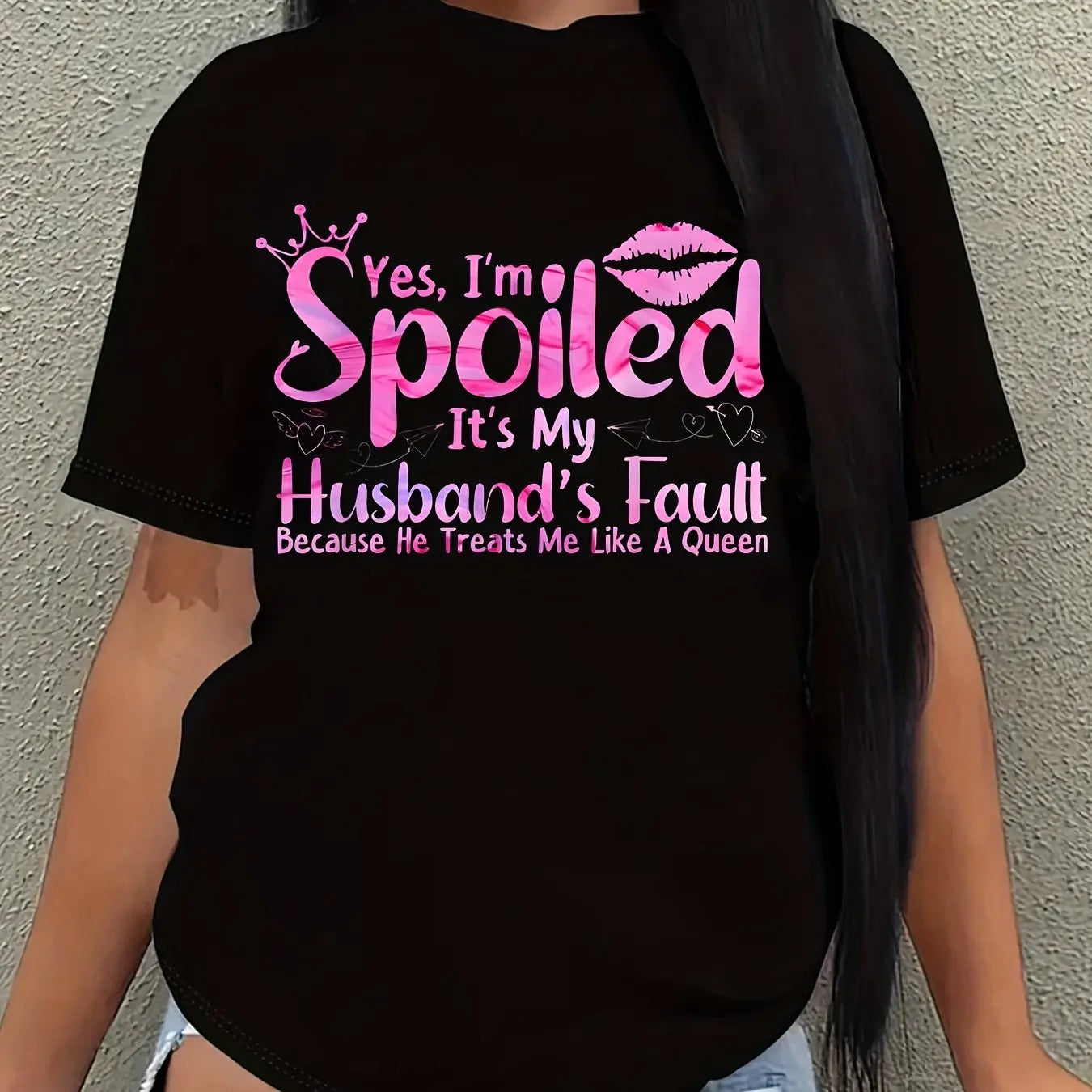 [Comfortable T-shirt] Comfortable Plus Size Women Yes, I Am Spoiled And It's My Husband's Fault Print T-shirt | Breathable, Soft, Letter Patterned, Casual Short-sleeved Top For Summer Everyday Wear Lady T Fashions