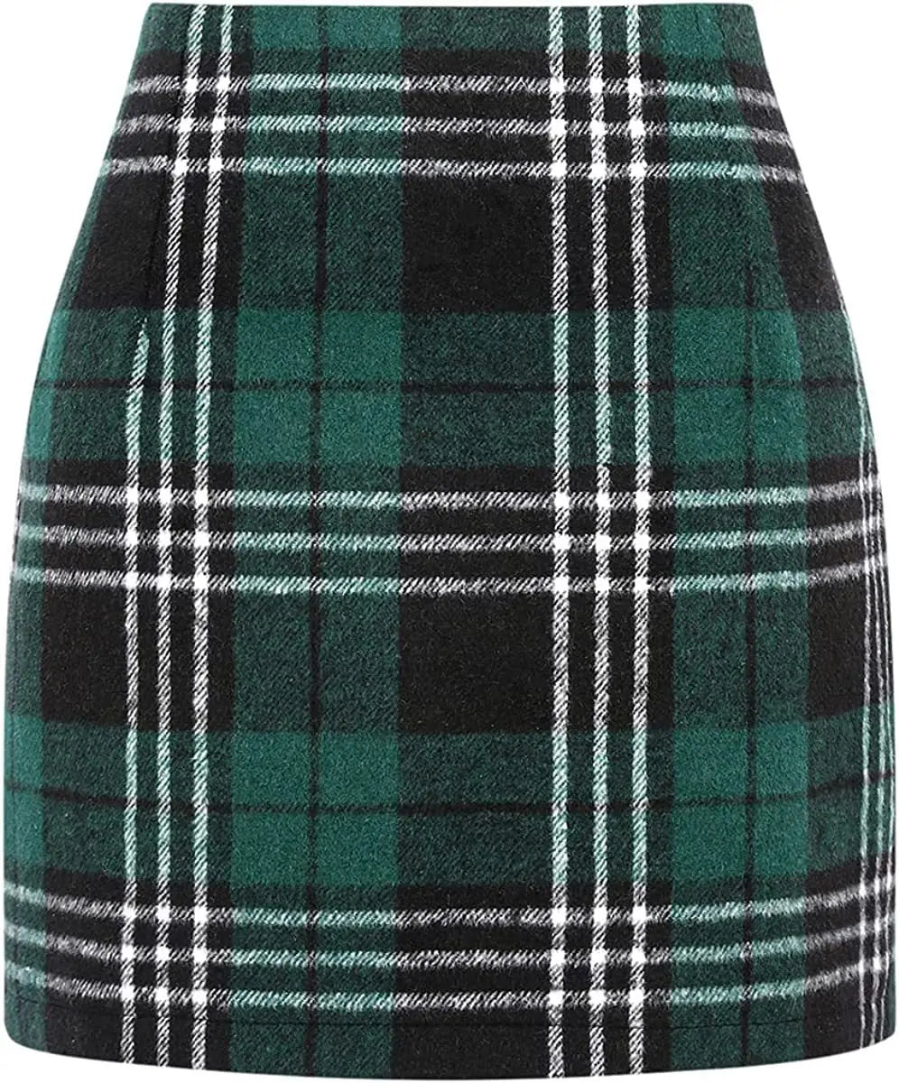 Women's High Waist Plaid Tight Pencil Wool Mini Skirt Lady T Fashions
