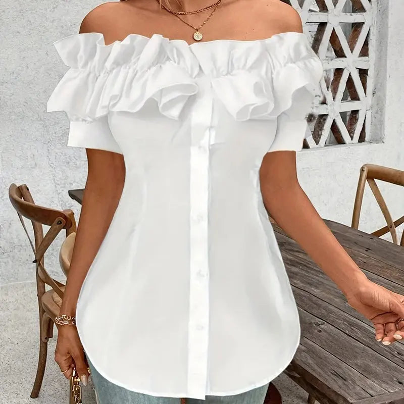 Women's Solid Color Off-Shoulder Ruffled Blouse - Waist Button-Down Shirt For Vacation & Daily Wear Lady T Fashions