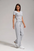 Women's Casual Sports Two-piece Set With V-neck Button, Short Sleeved, Low Waisted Flared Pants, Sportswear Lady T Fashions