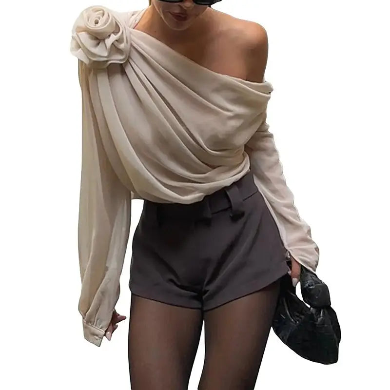 Women's Off Shoulder Tops Elegant Long Sleeve Asymmetrical Neck Ruched Chiffon Blouse Shirts Going Out Top Y2k Shirts Lady T Fashions