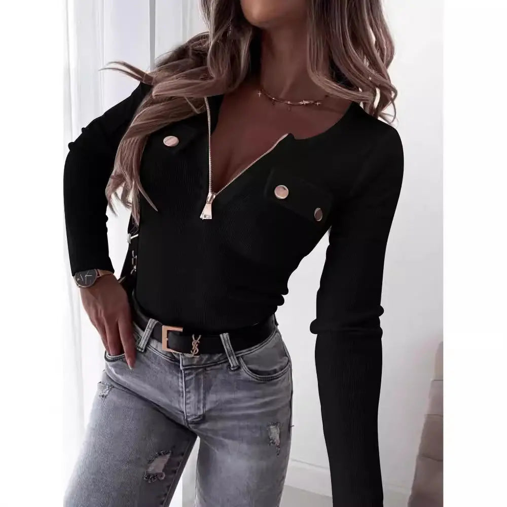 Knitted Slim-fit Long-sleeved Pullover Zipper Top Lady T Fashions