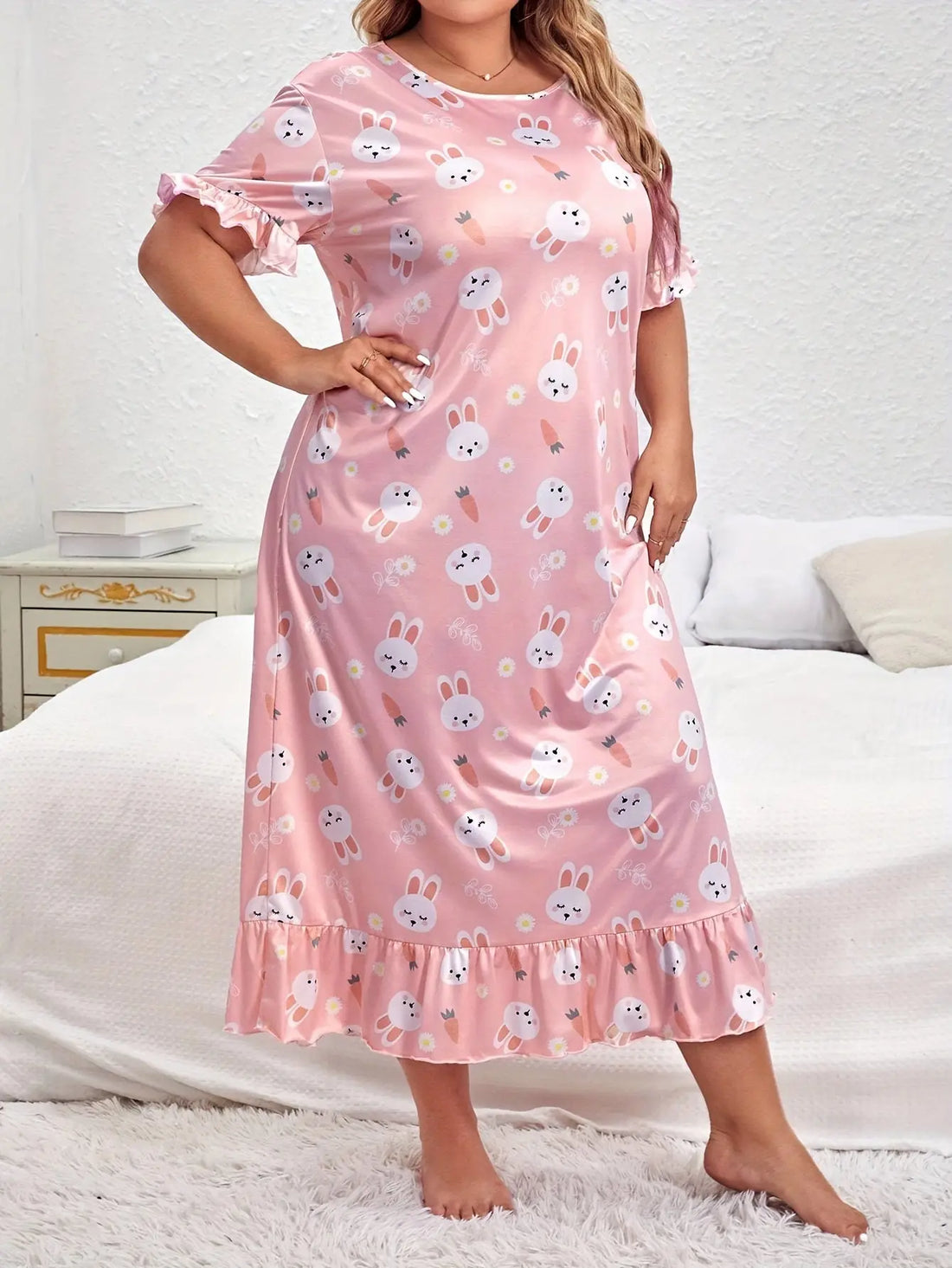 Summer plus size pajamas dress for fat MM plus size women 200 pounds loose casual can be worn outside long short-sleeved skirt nightgown with ruffles Lady T Fashions