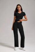 Women's Casual Sports Two-piece Set With V-neck Button, Short Sleeved, Low Waisted Flared Pants, Sportswear Lady T Fashions