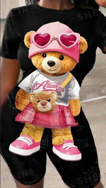 Casual Printed Cute Bear Pattern 2pcs Set For Women, Suitable For Summer Lady T Fashions
