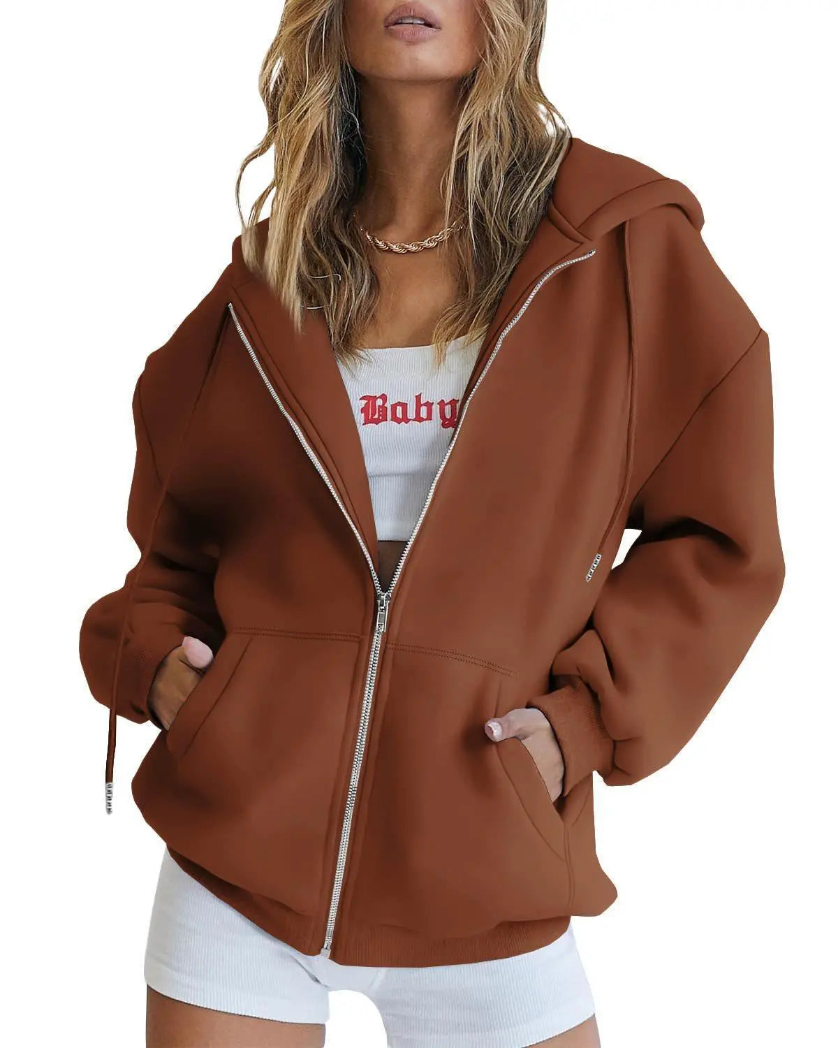 Women's Fashion Casual Solid Color Drawstring Zipper Hooded Sweatshirt Lady T Fashions