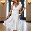 Women's Solid Color V-Neck Lace Short Sleeve Dress With Elastic Waist - A-Line Flowy Midi Dress For Summer Vacation Lady T Fashions