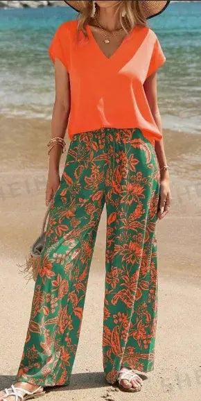Women's Solid V-Neck Short Sleeve Top And Botanical Print Pants Lady T Fashions
