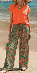 Women's Solid V-Neck Short Sleeve Top And Botanical Print Pants Lady T Fashions