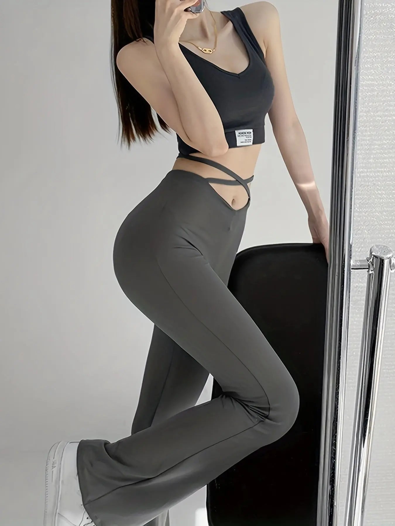 Long Length Solid Criss Cross Flare Leggings - High Waist Fitted, Elastic Waist, Mid Elasticity, Cross Strap, Sheer, Machine Washable - Perfect for Weekend Casual, Fall Season, Young Women Lady T Fashions