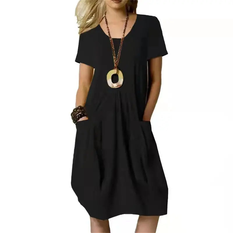 Cotton And Linen Solid Color Loose Round Neck Short Sleeve Dress Lady T Fashions