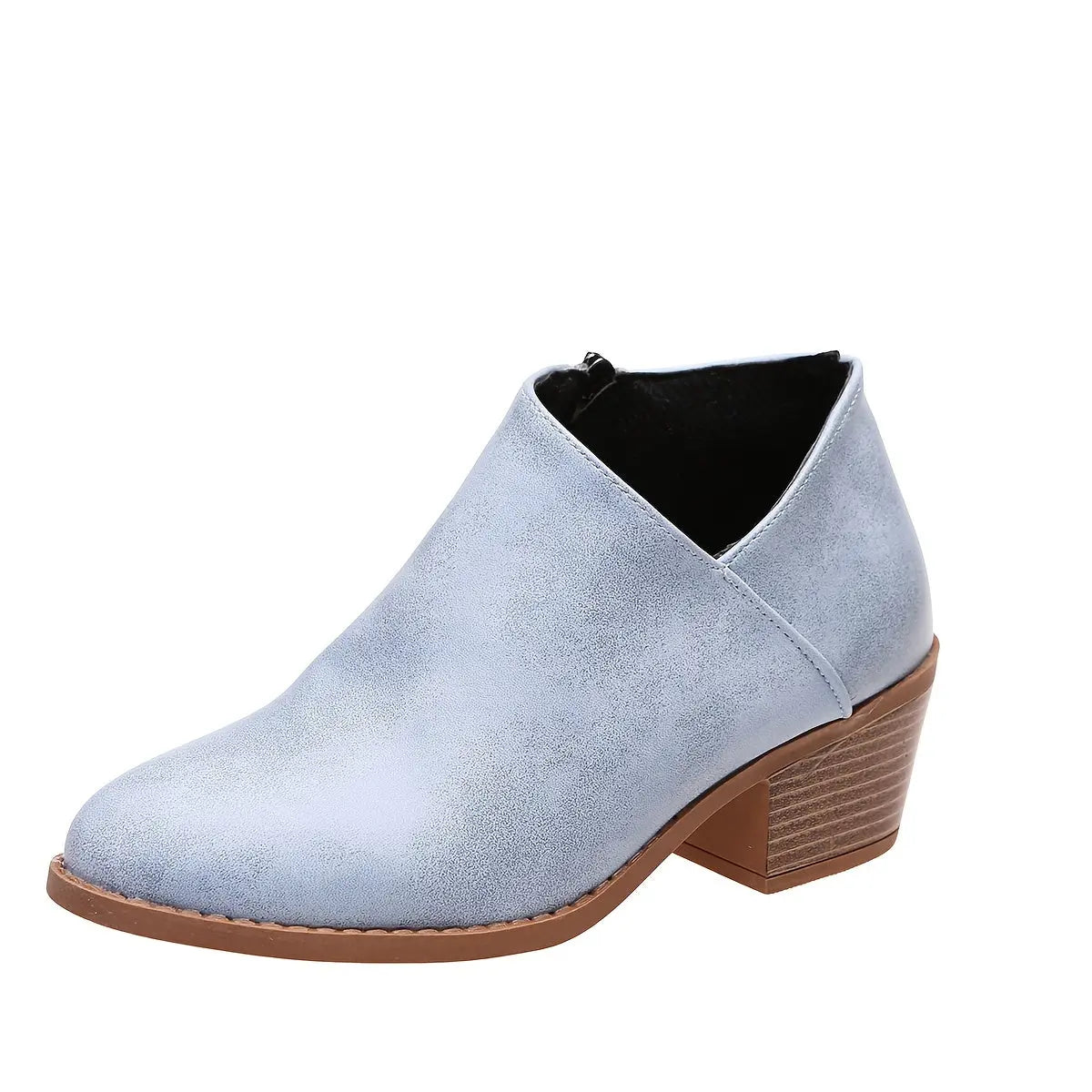 Ankle Stacked Heel Women's Short Boots with V Cut Side Zipper and Non Slip Sole Lady T Fashions