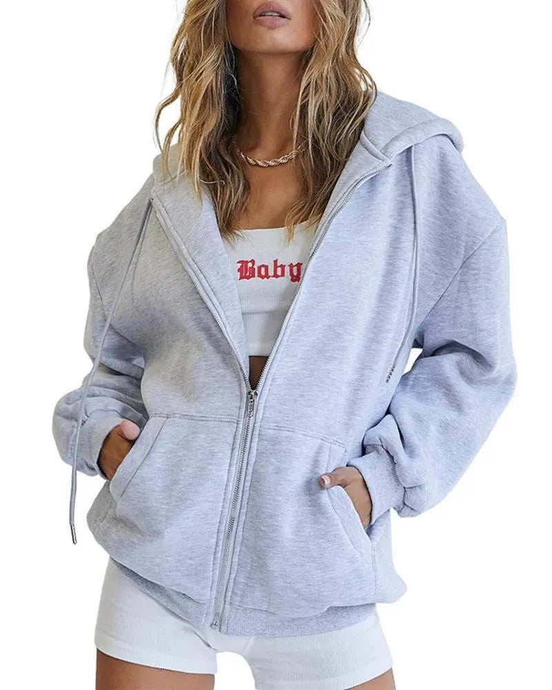 Women's Fashion Casual Solid Color Drawstring Zipper Hooded Sweatshirt Lady T Fashions